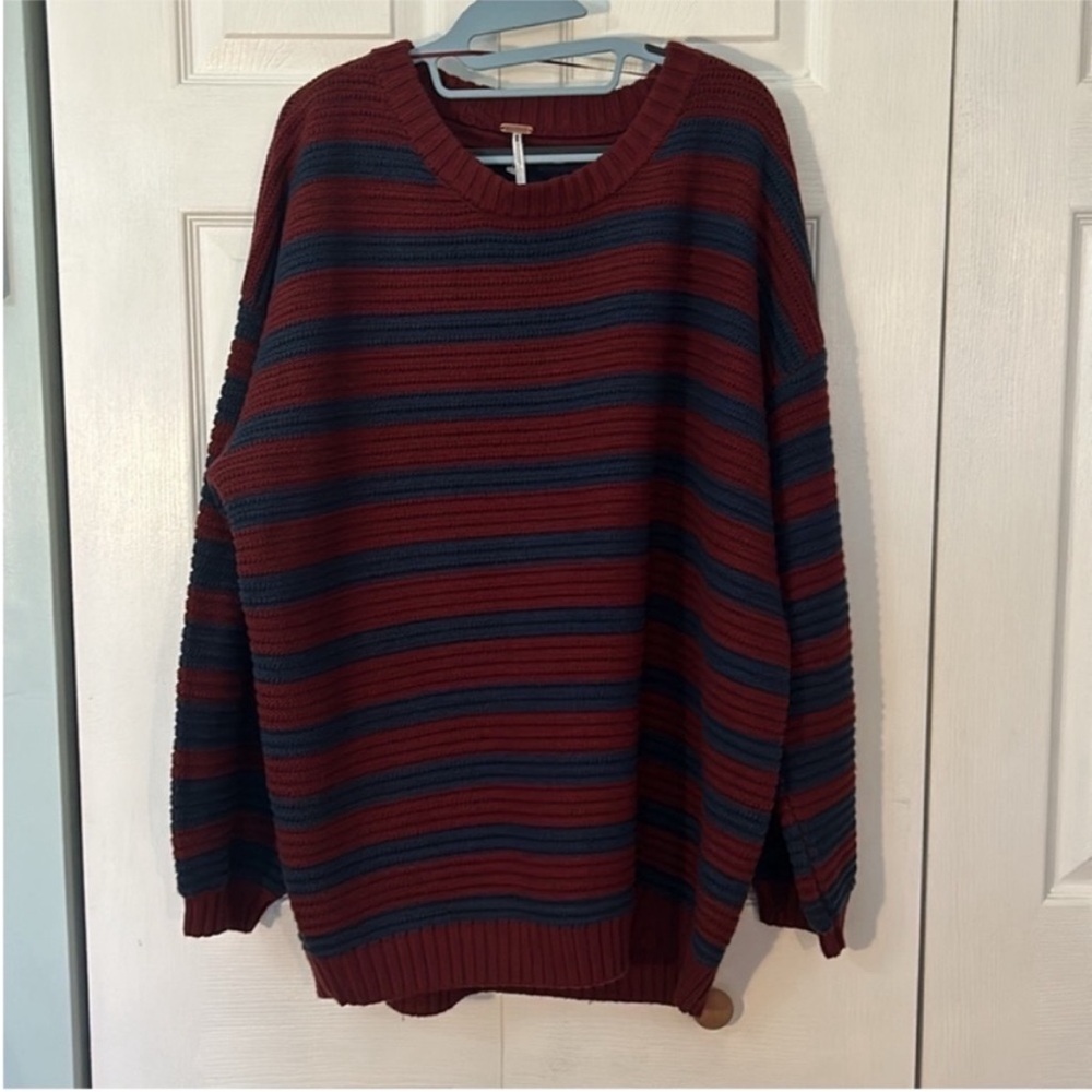 Free People Medium Sweater Links Pullover Navy Mulberry Combo Striped Crewneck - Picture 2 of 7